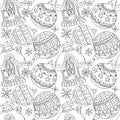 Hand drawn black and white seamless pattern Christmas snowflakes, balls and house.