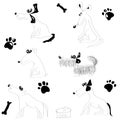 Hand-drawn black and white set of sketches of silhouettes of funny funny dogs on a white background Royalty Free Stock Photo