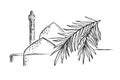 Hand-drawn black and white sketch on the theme of Persia. A branch of date palm against the background of the domes of