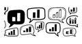 Hand drawn black and white speech bubbles with various ascending bar chart icons on white background Royalty Free Stock Photo
