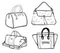 Black and white ink illustration set of female bags