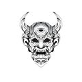 Hand drawn black and white tattoos artwork devil satan mask oni demon horn vector Illustration