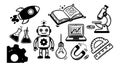 Hand drawn black and white vector art set of robot, rocket, open book, microscope, laptop graph and science icons in flat design Royalty Free Stock Photo