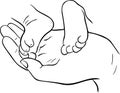 Hand drawn black and white vector line drawing of baby legs on father's hand. Engraving style. Line ink style Royalty Free Stock Photo
