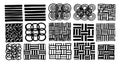 Hand drawn black and white vector patterns set with overlapping circles and horizontal vertical line designs in abstract style Royalty Free Stock Photo