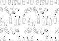 Hand drawn black and white vector seamless pattern with cheese, wine glasses, bottles. Sketch drawing
