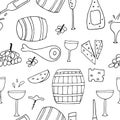 Hand drawn black and white vector seamless pattern with doodle cheese, wine glasses, bottles and grapes. Sketch drawing Royalty Free Stock Photo