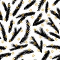 Hand drawn black xmas branches isolated on white background with golden stars. Seamless pattern background illustration wit