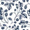 Hand drawn blackberries vector backdrop in engraved style. Wild berries seamless pattern. Hand drawing. Vintage forest berry