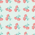 Hand drawn bloom blue branches with red flowers, floral seamless pattern abstract background wallpaper vector. Line art botanical Royalty Free Stock Photo