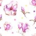 Hand drawn Blooming Pink Magnolia Flowers. Watercolor seamless pattern isolated on white background. Spring floral design Royalty Free Stock Photo