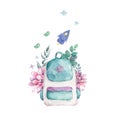 Watecolor backpack with pink flowers and green leaves, rocket. illustration isolated on white. Rucksack, knapsack, haversack,