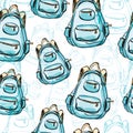 Hand drawn blue backpack seamless pattern.