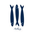 Hand Drawn blue color illustration a group of anchovy fish and lettering on white background.
