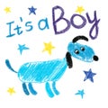 Handdrawn blue dog on white background for gender party. Isolated images for boy. Pencil technique. Royalty Free Stock Photo