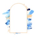 Blue brushstroke swash with golden arch border. Card premade composition frame template, copy space