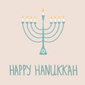 Hand Drawn Blue Menorah Candle Holder Silhouette Golden Flame Lights on Beige Background.White David Star.Happy Hanukkah Lettering Royalty Free Stock Photo