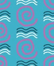 Hand Drawn Blue Waves and Spirals Seamless Pattern. Repeating graphic design. Hand drawn elements Royalty Free Stock Photo