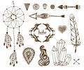 Hand-drawn boho collection with arrows, crystal, feather, dreamcatcher, ethnic elements for design. Royalty Free Stock Photo