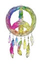 Hand drawn boho illustration of dream catcher with pacific sign and feathers. Royalty Free Stock Photo