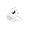 Hand drawn boho magic logo. Minimal mystic line moon stars hand esoteric tattoo design, bohemian vector illustration