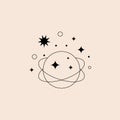 Hand drawn boho mystic logo. Minimal abstract magic linear planet sun stars space esoteric tattoo symbols, vector