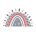 Hand drawn boho rainbow in pink blue colors, people standing on arch, friendship hearts isolated element on white background for