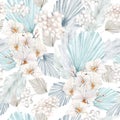 Hand drawn boho seamless pattern watercolor elements of white flowers orÃÂhid, tropical garden blue twigs, branches, foliage