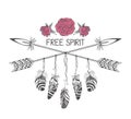 Hand drawn boho style design with rose flower, arrow and feathers. Hippie fashion decoration for t-shirt or tattoo.