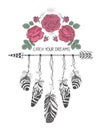 Hand drawn boho style design with rose flower, arrow and feathers. Hippie fashion decoration for t-shirt or tattoo.