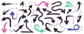 Hand drawn bold arrows. Doodle curve line pointers, rough motion direction signs sketch, vintage pencil scribble motion