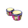 Hand drawn bongos. Watercolor sketch of traditional latin percussion instrument.