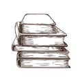 Hand drawn book. Stack of retro textbooks. Hardcover publications. Outline pencil sketch. Library or bookstore template