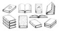 Hand drawn books. Open and closed notebooks. Library or bookstore sketch elements different side view, education and Royalty Free Stock Photo