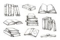 Hand drawn books. Retro engraved pile and stack of different books, educational illustration for story or novel. Vector
