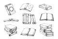 Hand drawn books. Vintage open and closed doodle books in stack and pile, school and college educational literature