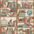 Hand drawn bookshelf with sleeping cat & birdcage Royalty Free Stock Photo