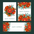 Hand drawn botanical happy birthday card collection, Marigold bouquet with red and orange flowers and green leaves.