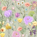 Hand drawn botanical seamless pattern of garden wildflowers,plants