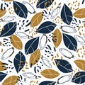 Hand drawn botanical seamless pattern with leaves,buds and spots.Vintage vector background for print,textile,wrapping paper.