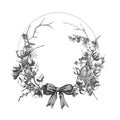 Hand drawn botanical sketch garland with christmas plants Vintage engraving black and white style illustration