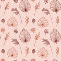 Hand drawn botany seamless pattern with dried palm leaves and pampas grass. Vector illustration in sketch style. Modern floral