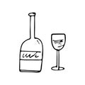 Hand drawn bottle and glass doodle icon. Hand drawn black sketch