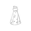 Hand-drawn Bottle with magic potion. Alchemy elixir. Magical substance. Wizardry beverage container. Sorcery liquid flask. Potion
