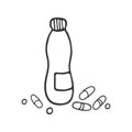 Hand drawn bottle multi-vitamins. In doodle style, black outline isolated on white background. Cute element for card, social media