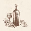 Hand drawn bottle of wine with a glass, bunch of grapes and piece of cheese. Vector sketch, organic food illustration Royalty Free Stock Photo