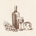 Hand drawn bottle of wine with a glass, bunch of grapes and piece of cheese. Vector sketch, organic food illustration Royalty Free Stock Photo