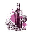 Hand drawn bottle of wine with a glass and a bunch of grapes still life. Sketch for the restaurant drinks menu. Vector