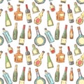 Hand Drawn Bottles Seamless Pattern. Wine, Cognac Bottle Background