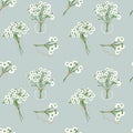 Hand drawn bouquets of white flowers, baby`s breath, Gypsophila flowers seamless pattern background. with rope bow and jar. Royalty Free Stock Photo